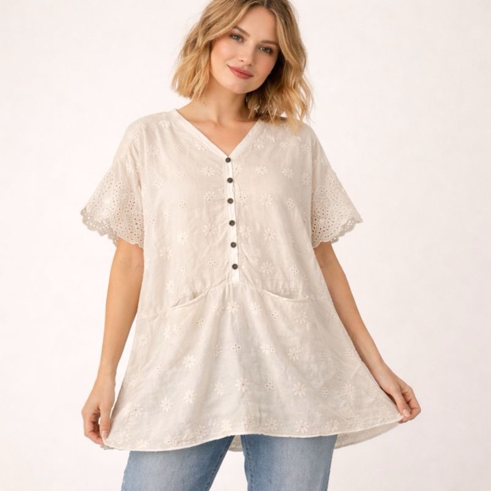 Johnny Was Off-White Silk Embroidered Eyelet Tunic Blouse XS Oversized Boho Fun